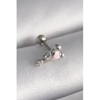 316L Çelik Gümüş Renk Zirkon Taş Detay Pembe Kalp İşleme Tragus Piercing - TJ-PR1281