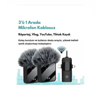 BFS Yüksek Kalite Profesyonel 3 In 1 Kablosuz Taşınabilir Yaka Mikrofonu Tüylü