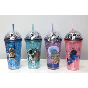 Sevimli Astronot Pipetli Işıklı Pullu Suluk Bardak 400 ml