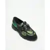 Jedi Kauçuk Tabanlı Etnik Desenli Kadın Oxford Ayakkabı - Yeşil