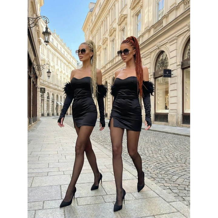 Kollar Tüy Detay Mini Elbise