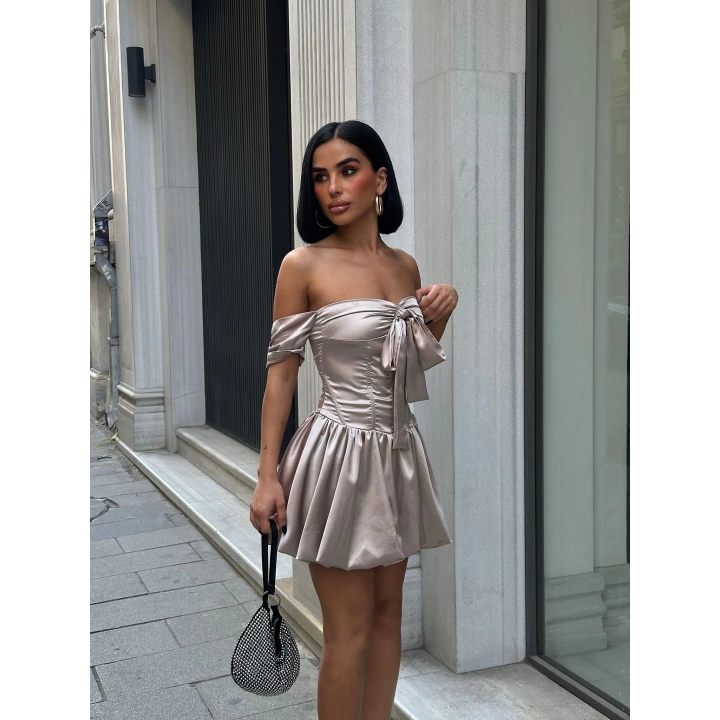 SATEN KUŞGÖZÜ DETAYLI MİNİ ELBİSE
