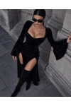 Kadife çift yırtmaçlı maxi boy elbise
