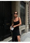 Fırfırlı Göğsü Güpür Detay Maxi Elbise