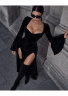 Kadife çift yırtmaçlı maxi boy elbise