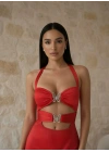 Kelebek desen çelik aksesuarlı maxi boy elbise