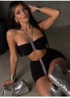 Taş baskılı simli fukuro kumaş mini elbise