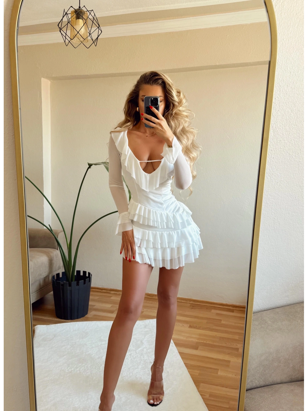 ASİMETRİK FIRFIR DETAYLI MİNİ ELBİSE