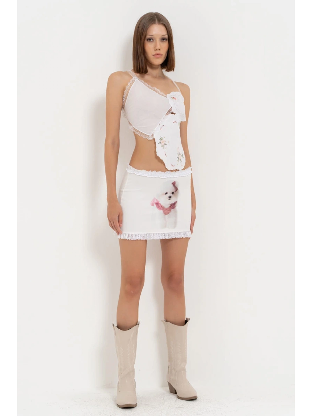 Off white Baskılı Dantelli Mini Etek