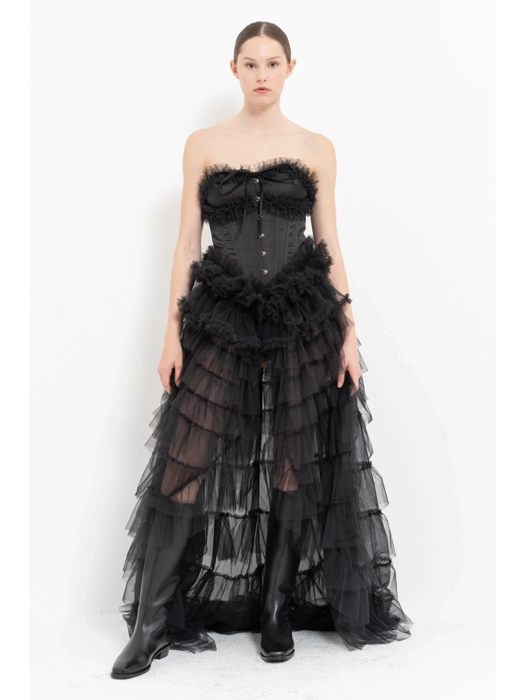 SİYAH FIRFIRLI TÜL ETEKLİ STRAPLEZ BÜSTİYER