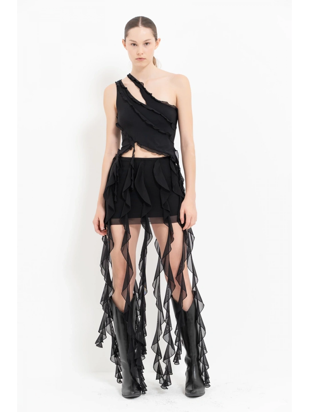 Siyah Tül Volanlı Mini Etek
