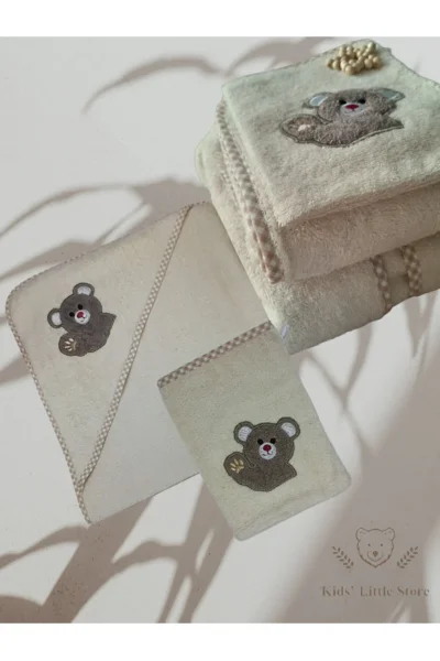 % 100 Pamuk Ayıcık Nakışlı Bebek Çocuk Keseli Havlu Set