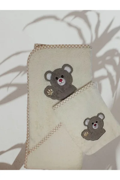 % 100 Pamuk Ayıcık Nakışlı Bebek Çocuk Keseli Havlu Set