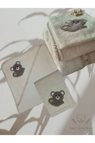 % 100 Pamuk Ayıcık Nakışlı Bebek Çocuk Keseli Havlu Set