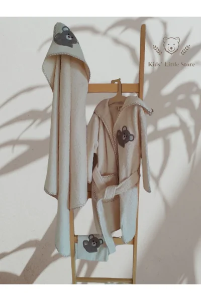 % 100 Pamuk Ayıcık Nakışlı Bebek Çocuk Keseli Havlu Set