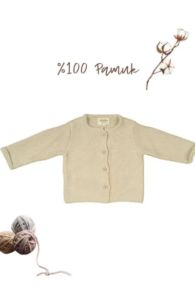 Bej Önden Düğmeli %100 Pamuk Triko Bebek Hırka