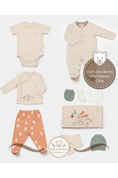 10 lu Cool Lines Bunny %100 Organik Pamuk Yenidoğan Hastane Çıkışı ( 0-3 Ay )