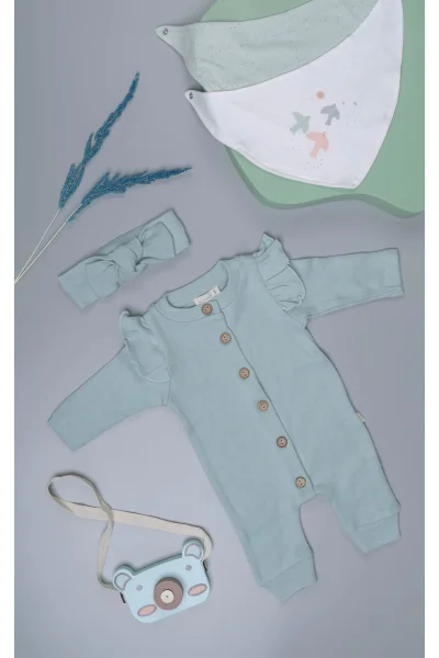 Kız Bebek Mint Organik Pamuk Omuzdan Fırfırlı Tulum ve Bandana Takım (0-24 Ay)