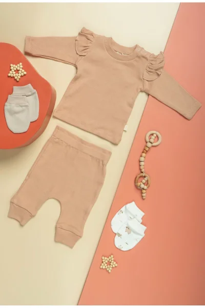 Kız Bebek Pembe %100 Organik Pamuk Fırfırlı İkili Takım ( 0 -4 Yaş)