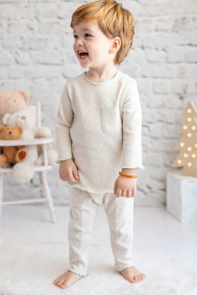 Erkek Bebek Mavi Ekru Desenli %100 Pamuk Uzun Kollu T-Shirt