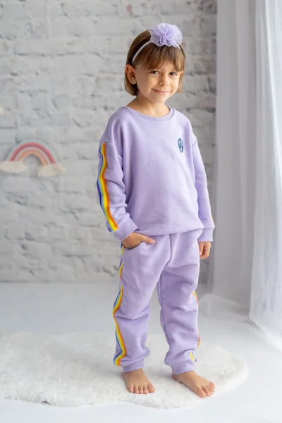 Kız Çocuk Lila Rengi Şeritli Eşofman Takım