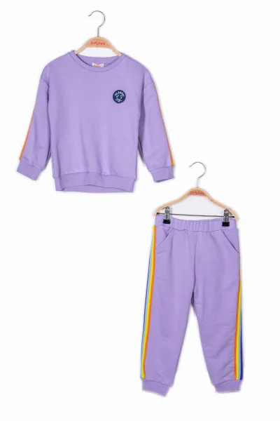 Kız Çocuk Lila Rengi Şeritli Eşofman Takım