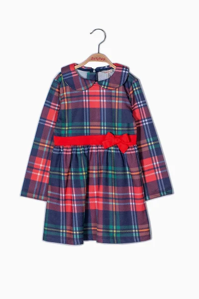 Yılbaşı Temalı Kırmızı Lacivert Ekose Elbise (9 Ay - 7 Yaş)