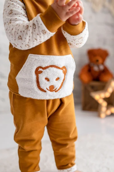 Erkek Bebek Tarçın Ayıcık Peluş Cepli İkili Takım (6ay-4yaş)