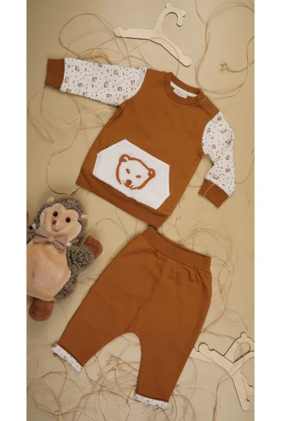 Erkek Bebek Tarçın Ayıcık Peluş Cepli İkili Takım (6ay-4yaş)