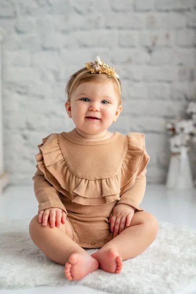 Bej Yakası Fırfırlı %100 Organik GOTS Pamuk Body (0-4 Yaş