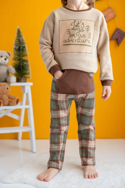 Erkek Çocuk Baskılı Yeşil Bej Ekoseli İkili Takım ( 2- 7 yaş )