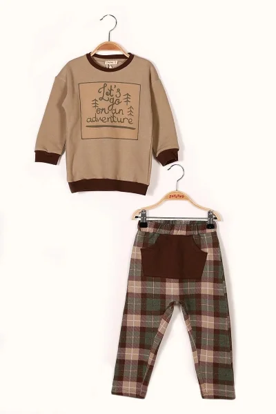 Erkek Çocuk Baskılı Yeşil Bej Ekoseli İkili Takım ( 2- 7 yaş )