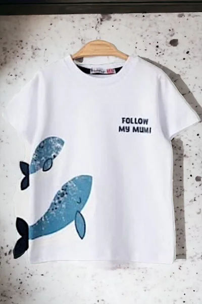 Balina Baskılı Erkek Çocuk Beyaz Mavi T-shirt ( 1- 5yaş )