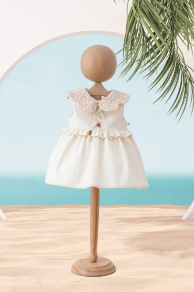 Dantel Yaka Boncuklu Naturel Elbise (6-24 Ay )