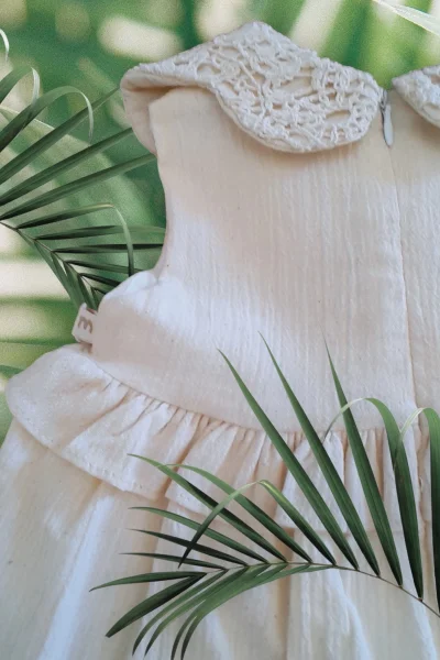 Dantel Yaka Boncuklu Naturel Elbise (6-24 Ay )