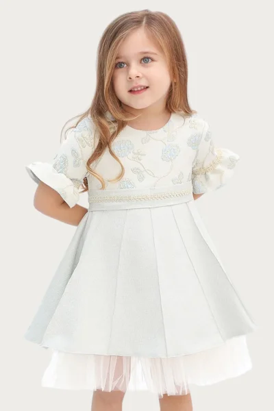 Jakarlı Çiçekli Mavi Elbise ( 2-5 Yaş )