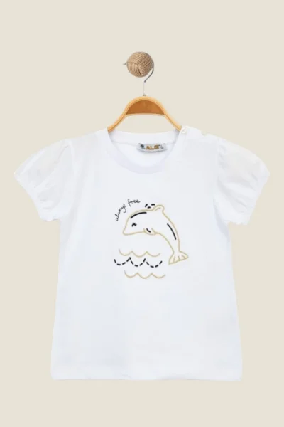Kız Çocuk Yunus Balığı Baskı Nakışlı T-Shirt ( 1- 4 Yaş )