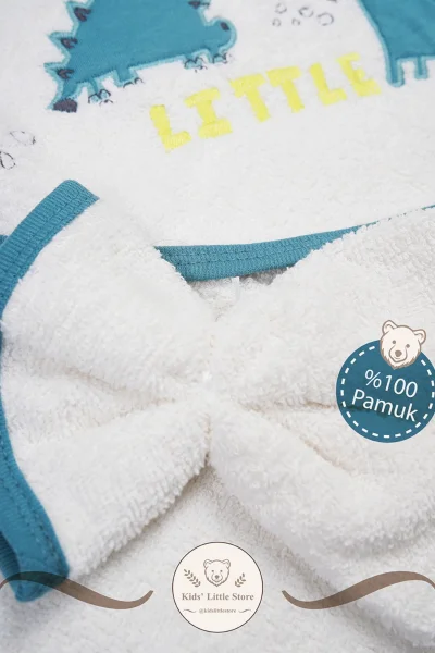 Little Dinosaur Gri Petrol Keseli Havlu Set %100 Organik (Pamuk 75x75cm)