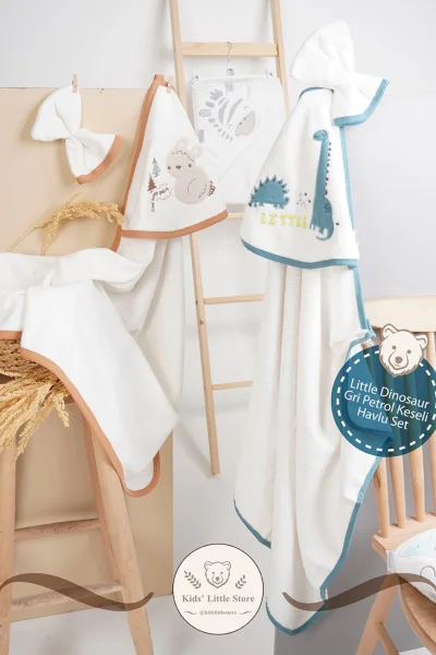 Little Dinosaur Gri Petrol Keseli Havlu Set %100 Organik (Pamuk 75x75cm)