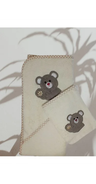 % 100 Pamuk Ayıcık Nakışlı Bebek Çocuk Keseli Havlu Set