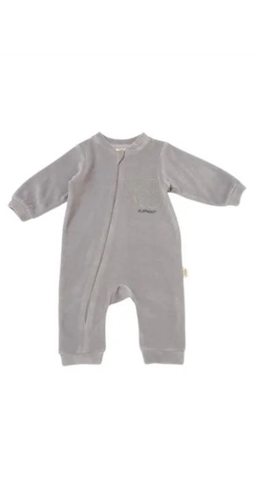 Gri Kadife Fermuarlı Organik Bebek Tulum (3-24 Ay)