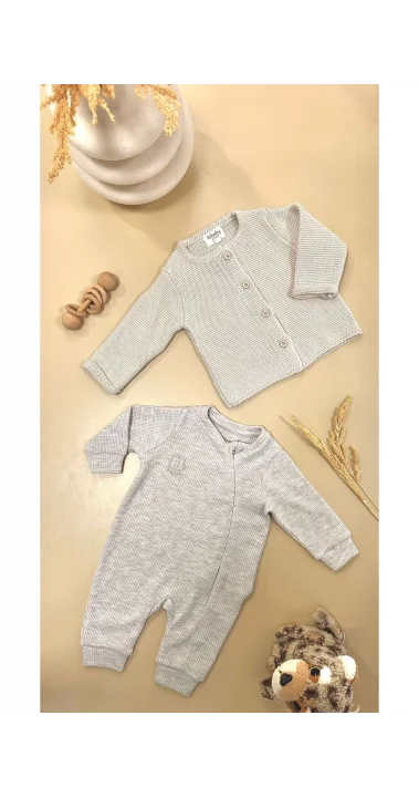 Bej Önden Düğmeli %100 Pamuk Triko Bebek Hırka