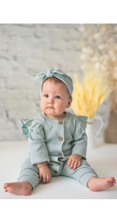 Kız Bebek Mint Organik Pamuk Omuzdan Fırfırlı Tulum ve Bandana Takım (0-24 Ay)