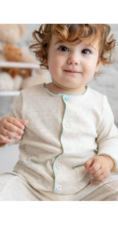 Mavi Ekru %100 Pamuk Hırka Pantolon Takım (3-24 Ay)