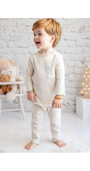 Erkek Bebek Mavi Ekru Desenli %100 Pamuk Uzun Kollu T-Shirt