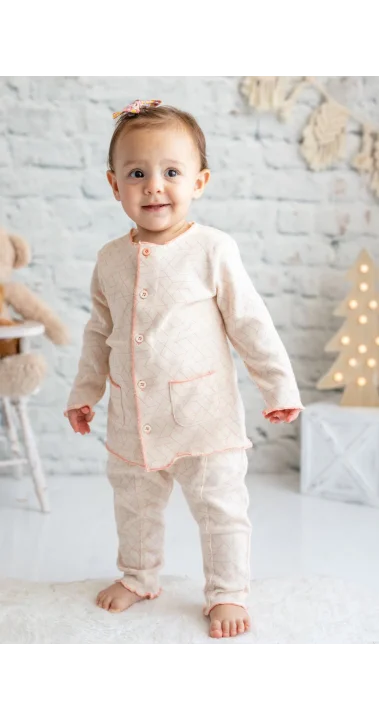 Pembe Ekru %100 Pamuk Hırka Pantolon Takım (3-24 Ay)