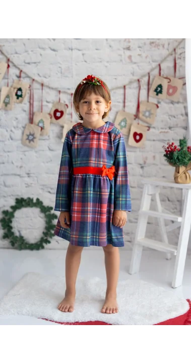 Yılbaşı Temalı Kırmızı Lacivert Ekose Elbise (9 Ay - 7 Yaş)