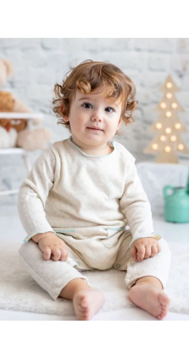 Mavi Ekru Yakadan ve Ağdan Çıtçıtlı % 100 Pamuk Tulum (3-24 Ay)