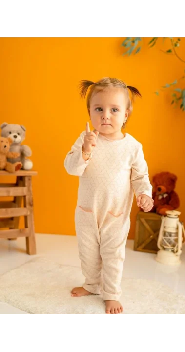 Kız Bebek Ekru Pembe Desenli % 100 Pamuk Tulum (3-24 Ay)
