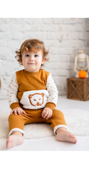 Erkek Bebek Tarçın Ayıcık Peluş Cepli İkili Takım (6ay-4yaş)